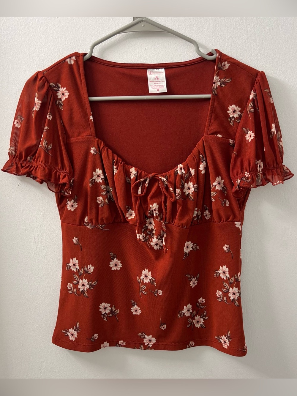 Vintage Y2K Floral Ruffle Sleeve Blouse Smocked Top Baby Tee sweetheart tie
